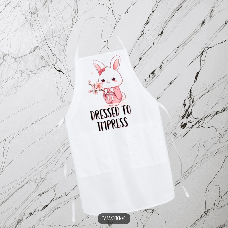 Funny Apron with a fluffy bunny in a pink kimono holding a cherry blossom, perfect for baking and cooking.