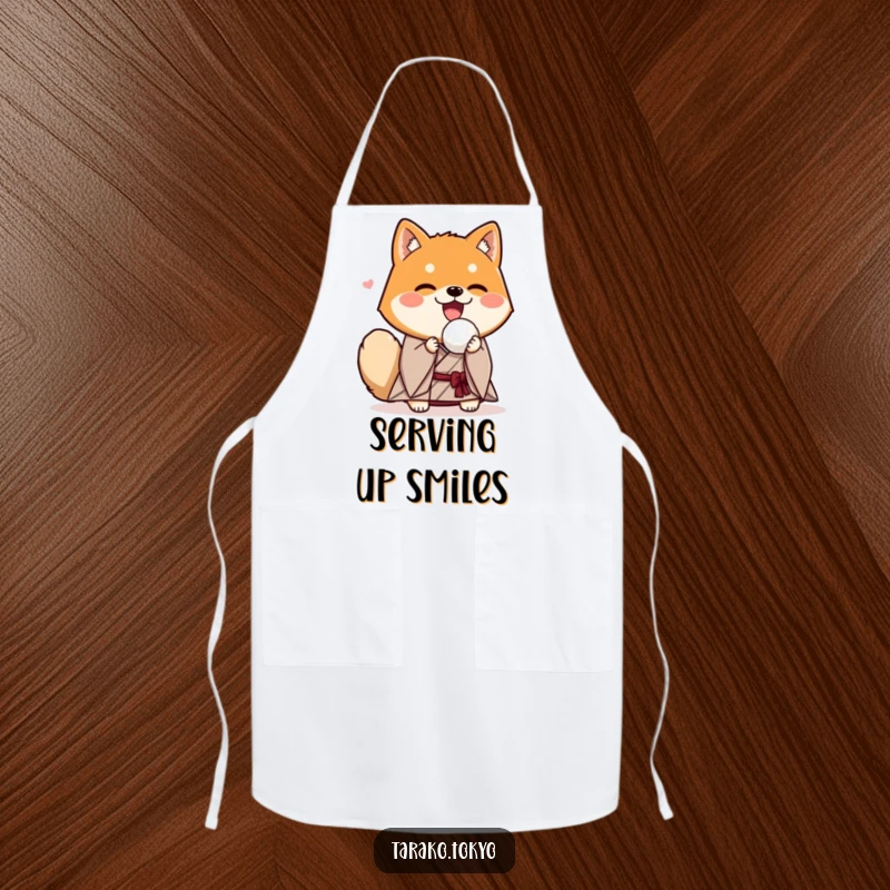 Funny Shiba Inu apron, dressed in a kimono, enthusiastically presenting a rice ball, ideal for a humorous kitchen.