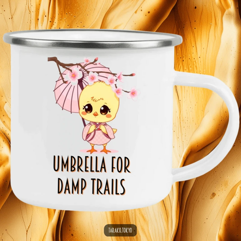 Funny charming chick camping mug, in a kimono, holding an umbrella, peeking from cherry blossoms, ready for outdoor charm.