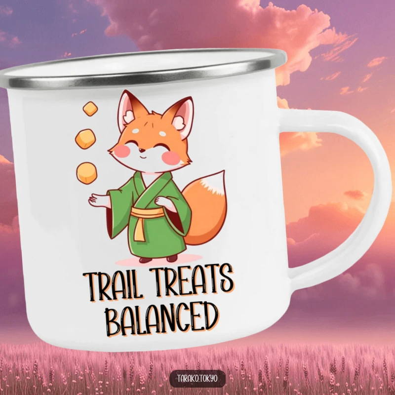 Funny Camping Mug with a playful fox in a green kimono juggling colorful mochi, rugged and humorous.