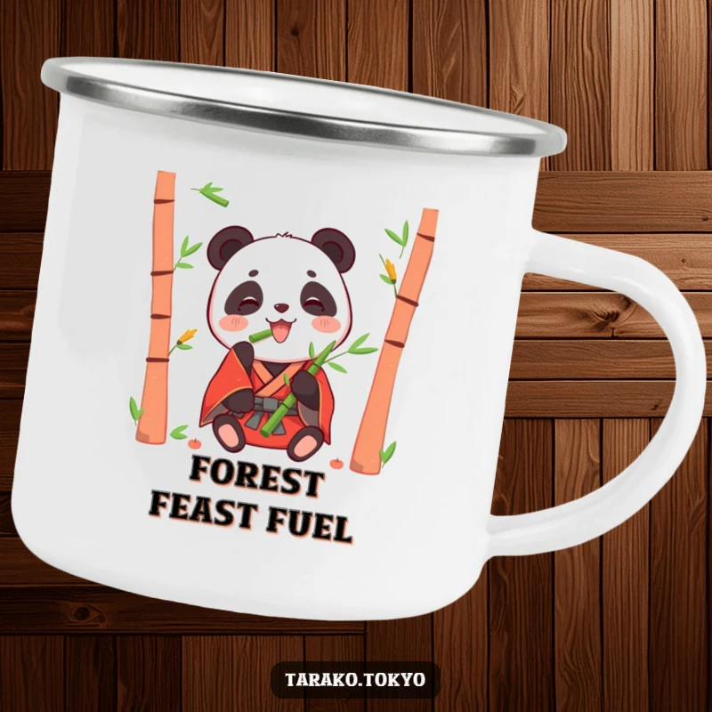 Funny camping mug with a happy panda in a red kimono eating bamboo shoots, ready for outdoor relaxation and smiles.