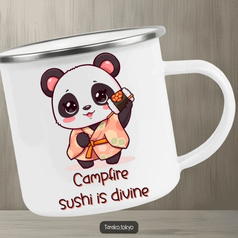 Funny cute panda camping mug, in a kimono, holding a spinning sushi roll, ready for outdoor fun and laughter.
