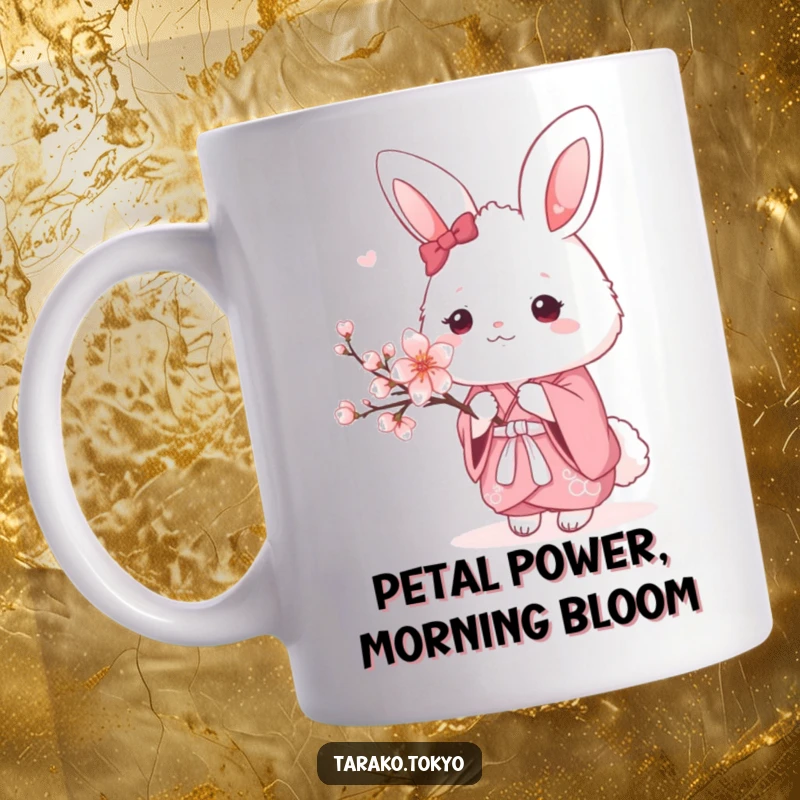 Funny Mug featuring a fluffy bunny in a pink kimono gently holding a single cherry blossom, evoking peace and kawaii charm.