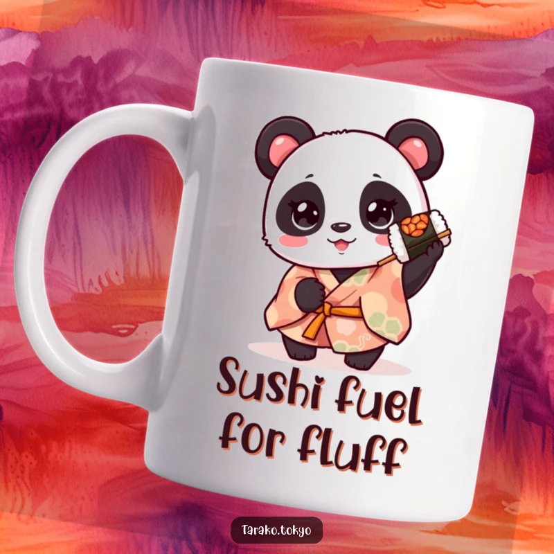 Funny cute panda mug, wearing a colorful kimono, joyfully holding a spinning sushi roll, embodying adorable mischief and foodie delight.