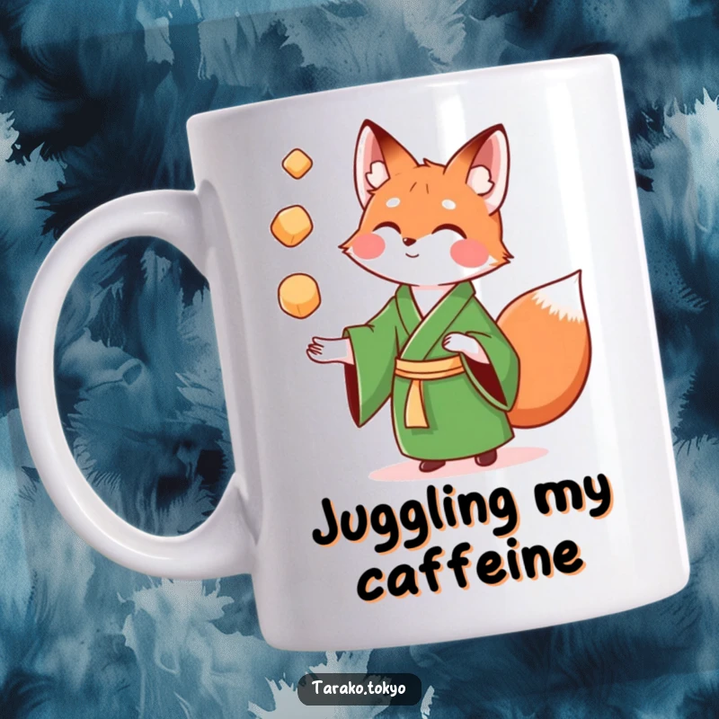 Funny Mug showing a playful fox in a green kimono skillfully juggling small, colorful mochi balls, full of energy.