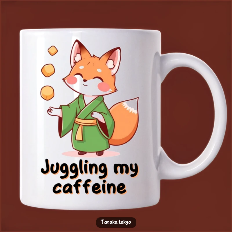 Funny Fox Mochi Juggling Mug: Playful and hilarious green kimono fox design, a perfect funny gift.