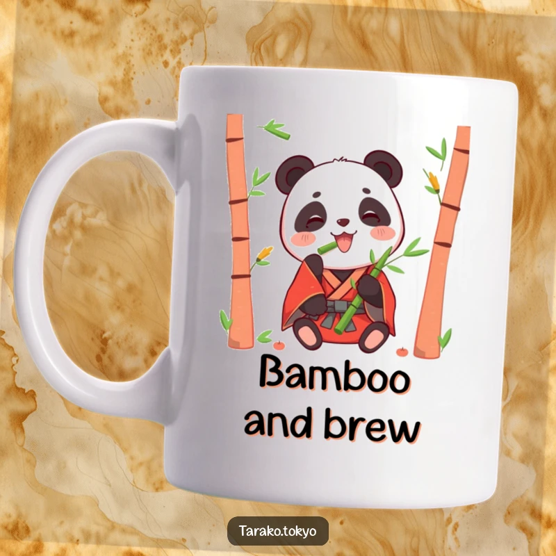 Funny mug featuring a happy panda in a red kimono happily eating bamboo shoots, exuding contentment and joy.