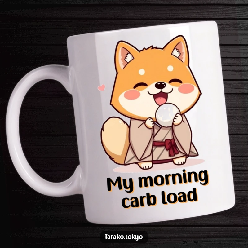 Funny Shiba Inu mug in a kimono, joyfully holding a rice ball, perfect for a happy, humorous gift.
