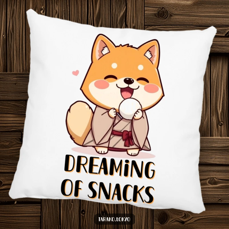 Funny Shiba Inu pillow, wearing a kimono, enthusiastically holding a rice ball, soft and humorous home decor.