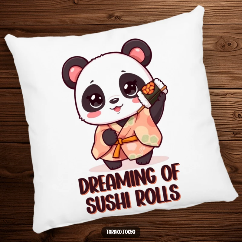 Funny cute panda pillow, wearing a kimono and holding a spinning sushi roll, offering comfort and adorable amusement.