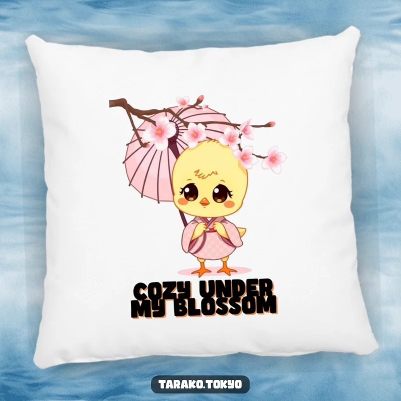 Funny charming chick pillow, in a small kimono and paper umbrella, peeking from cherry blossoms, offering comfort and sweet delight.
