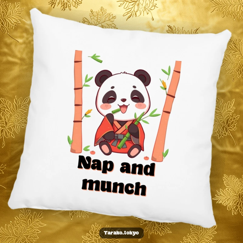 Funny pillow with a happy panda in a red kimono eating bamboo shoots, designed for comfort and adorable amusement.