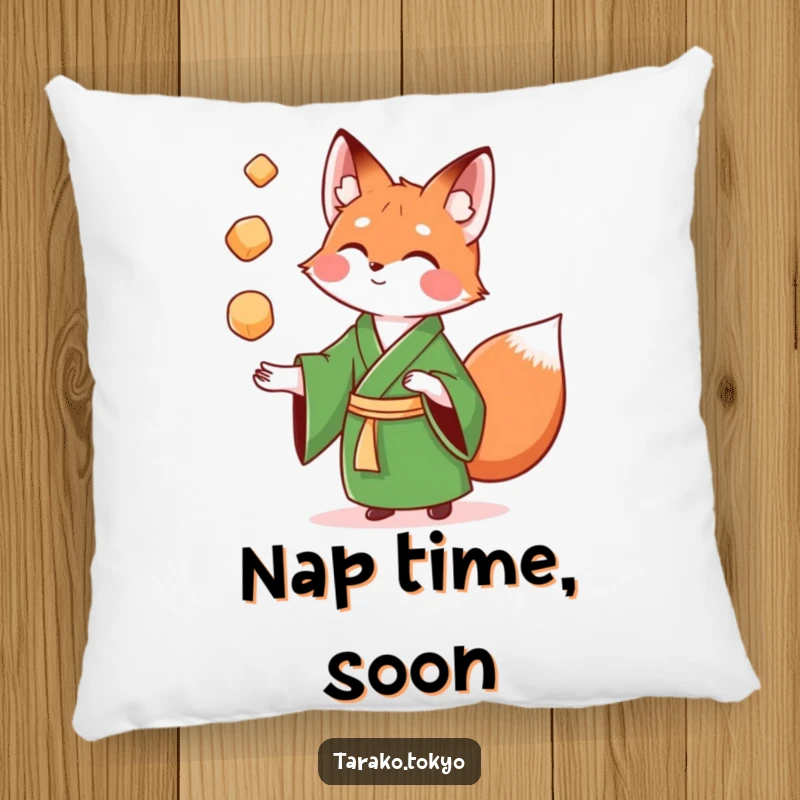 Funny Pillow featuring a playful fox in a green kimono juggling colorful mochi, a fun decorative accent.