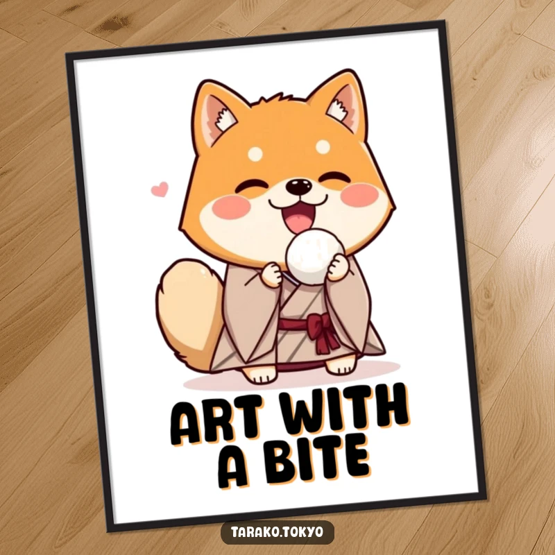 Funny Shiba Inu digital art print, in a kimono, enthusiastically presenting a rice ball, instant humorous decoration.