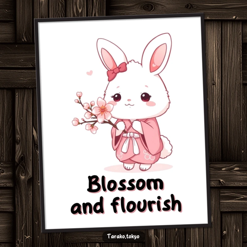 Funny Digital Art Print of a fluffy bunny in a pink kimono holding a cherry blossom, adorable and high-quality.