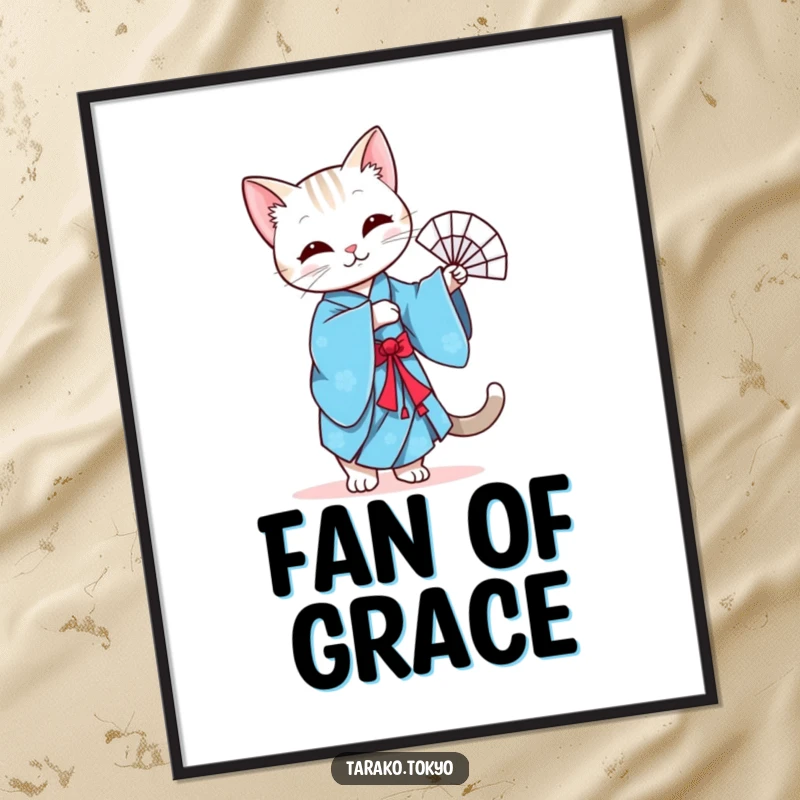 Funny digital art print of a graceful cat in a blue kimono performing a gentle fan dance, capturing serene elegance.