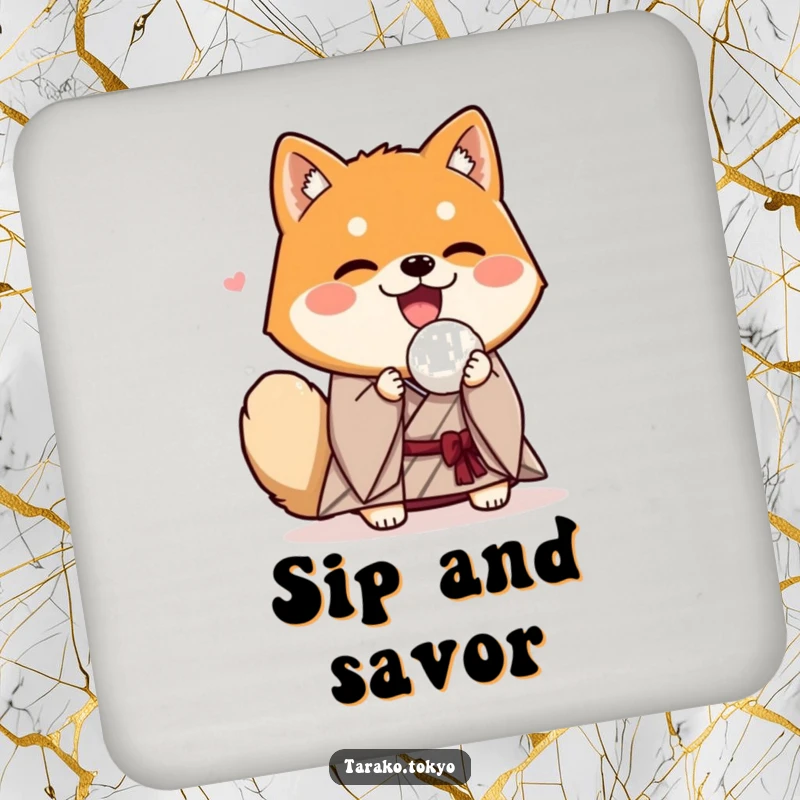 Funny Shiba Inu coaster, dressed in a kimono, offering a rice ball with enthusiasm, a humorous and protective accessory.