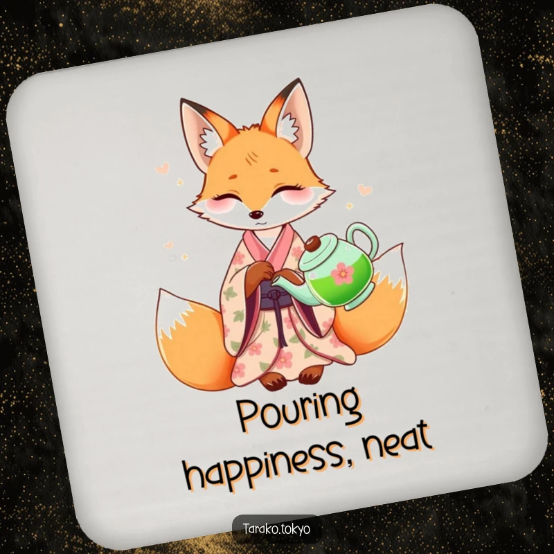 Funny graceful fox coaster, in a floral kimono, pouring green tea, an elegant and humorous protector for tabletops.