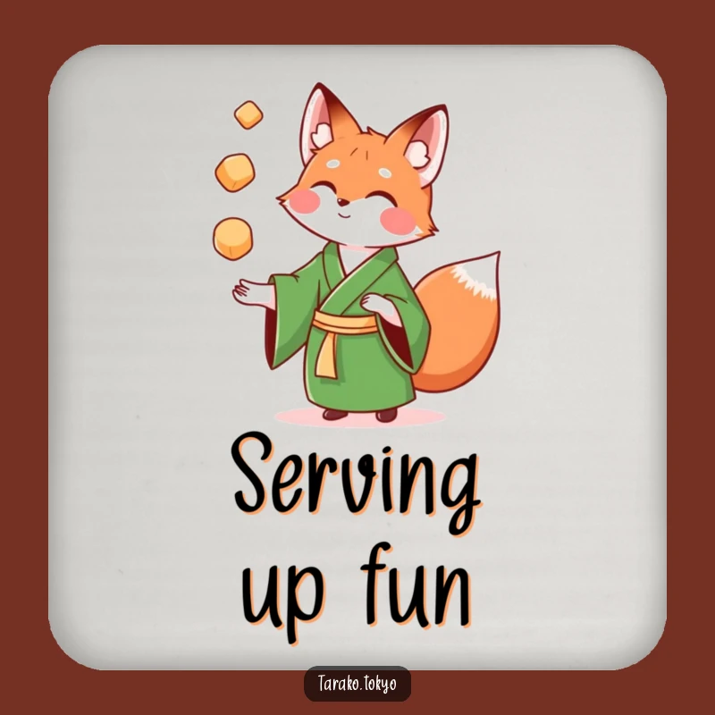 Funny Fox Mochi Coaster Set: Playful and protective funny coasters with a green kimono fox.
