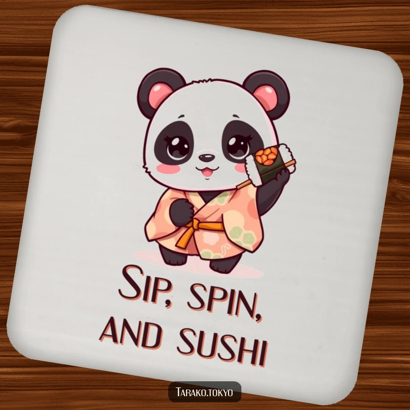Funny cute panda coaster, in a kimono, holding a spinning sushi roll, a humorous and adorable tabletop protector.