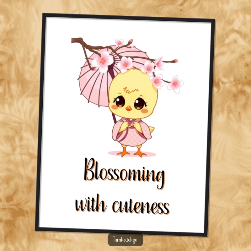 Funny charming chick poster, wearing a small kimono, holding a paper umbrella, peeking cutely from behind a cherry blossom.