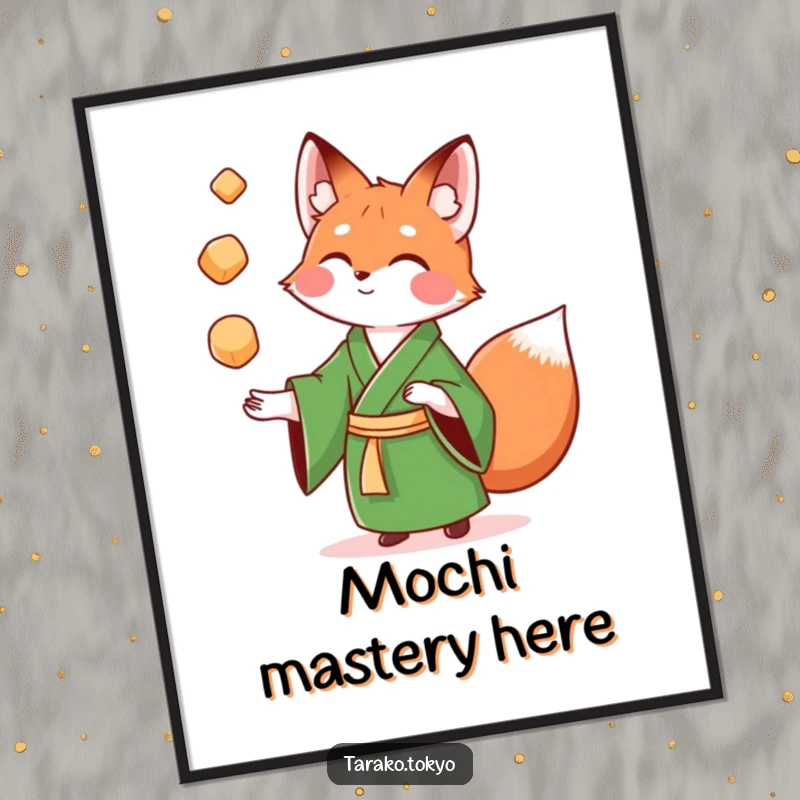 Funny Poster depicting a playful fox in a green kimono juggling bright, colorful mochi, perfect for adding a whimsical touch.