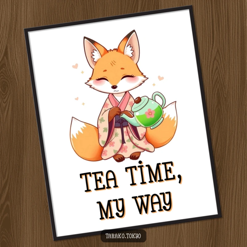 Funny graceful fox poster, wearing a floral kimono, pouring green tea with delicate precision, showcasing serene beauty.
