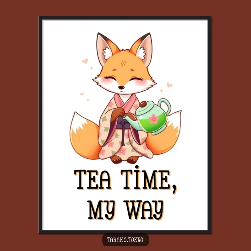 Funny Fox Kimono Tea Poster - Elegant Wall Art for Tea Lovers