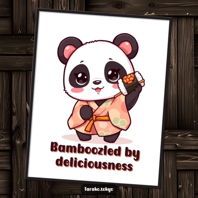 Funny cute panda poster, dressed in a kimono, holding a suspended spinning sushi roll, showcasing adorable fun.