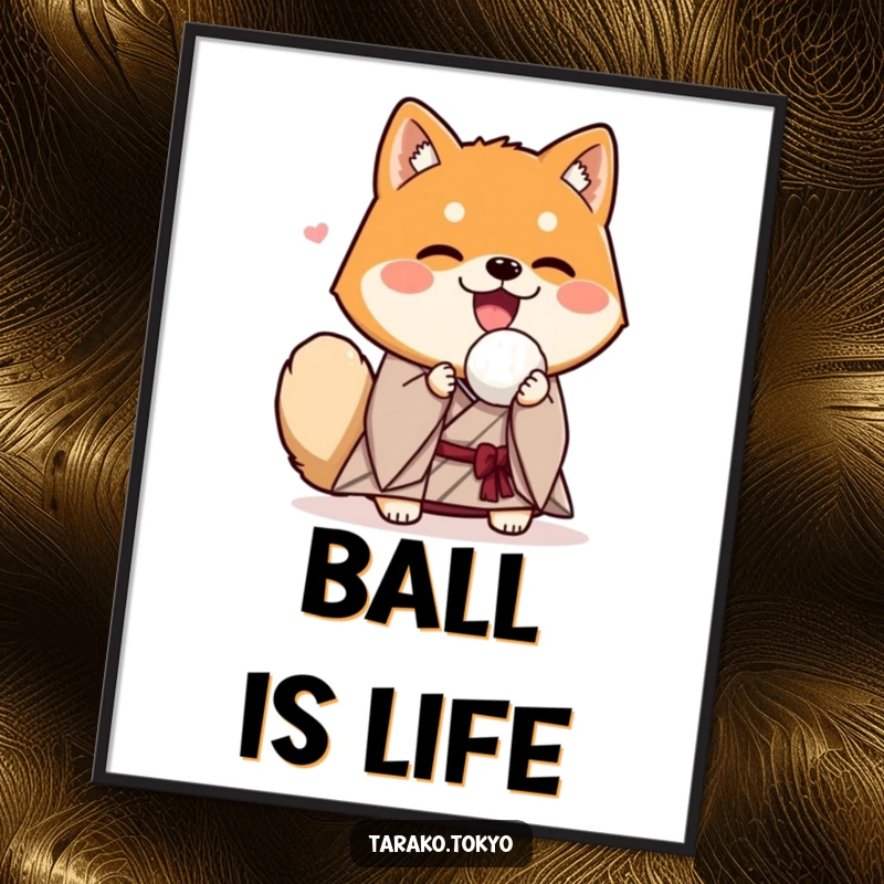 Funny Shiba Inu poster, dressed in a kimono, joyfully presenting a rice ball, charming and humorous wall decor.