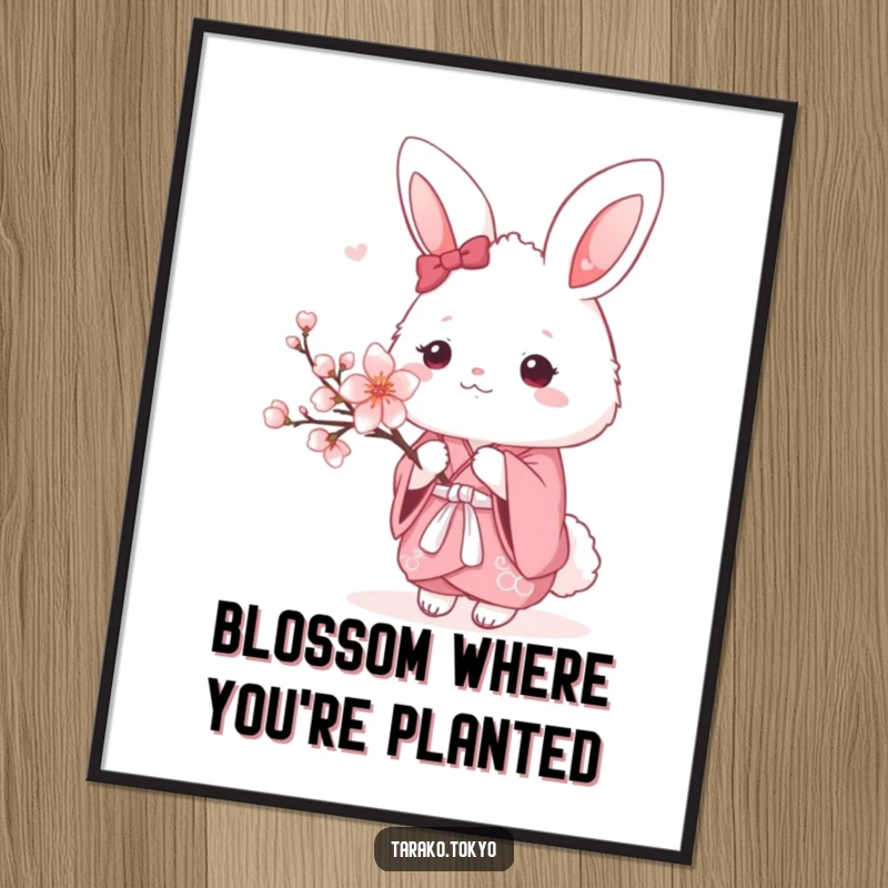 Funny Free Printable Wall Art: Fluffy bunny in pink kimono holding a cherry blossom creates a serene yet humorous decorative piece.