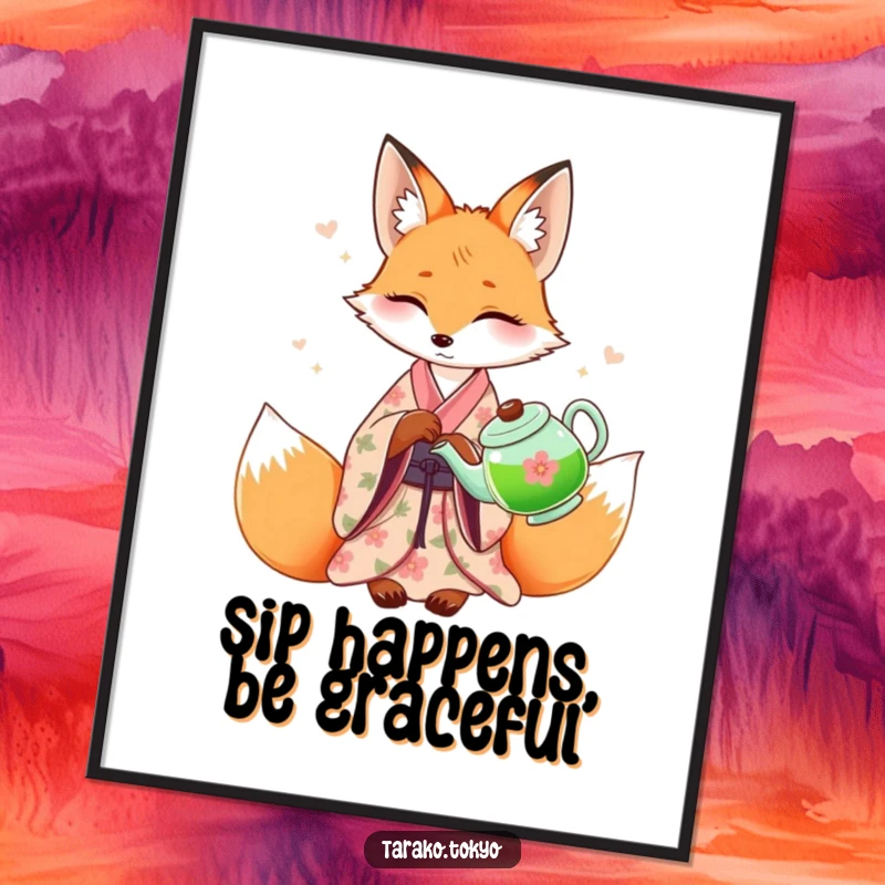 Funny Free Printable Wall Art: A dignified fox in a floral kimono elegantly pours green tea from a traditional teapot.