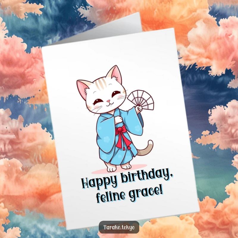 Funny free printable birthday card of a graceful cat in a blue kimono performing a gentle fan dance with elegance.
