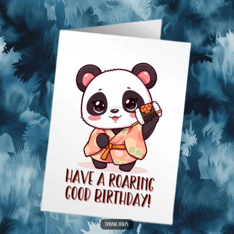 Funny Free Printable Happy Birthday card: A cute panda in a kimono joyfully holds a spinning sushi roll.