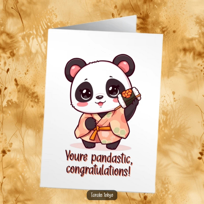 Funny Free Printable Congratulations card showcasing a stylish panda in a kimono holding a playfully spinning sushi roll.