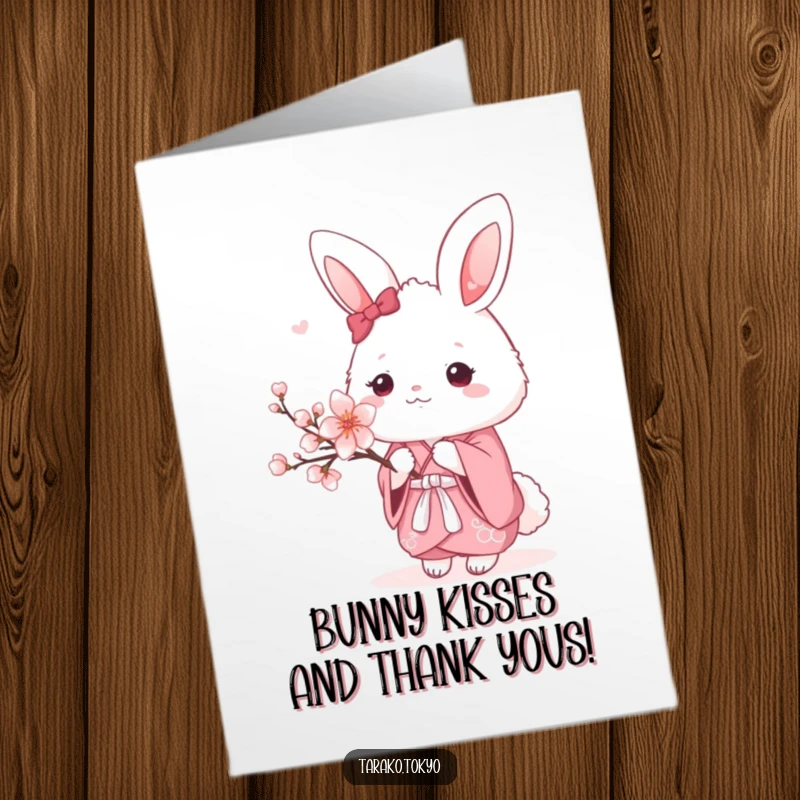 Funny Free Printable Thank You Card: Fluffy bunny in pink kimono offers a cherry blossom, a sweet and humorous way to say thank you.