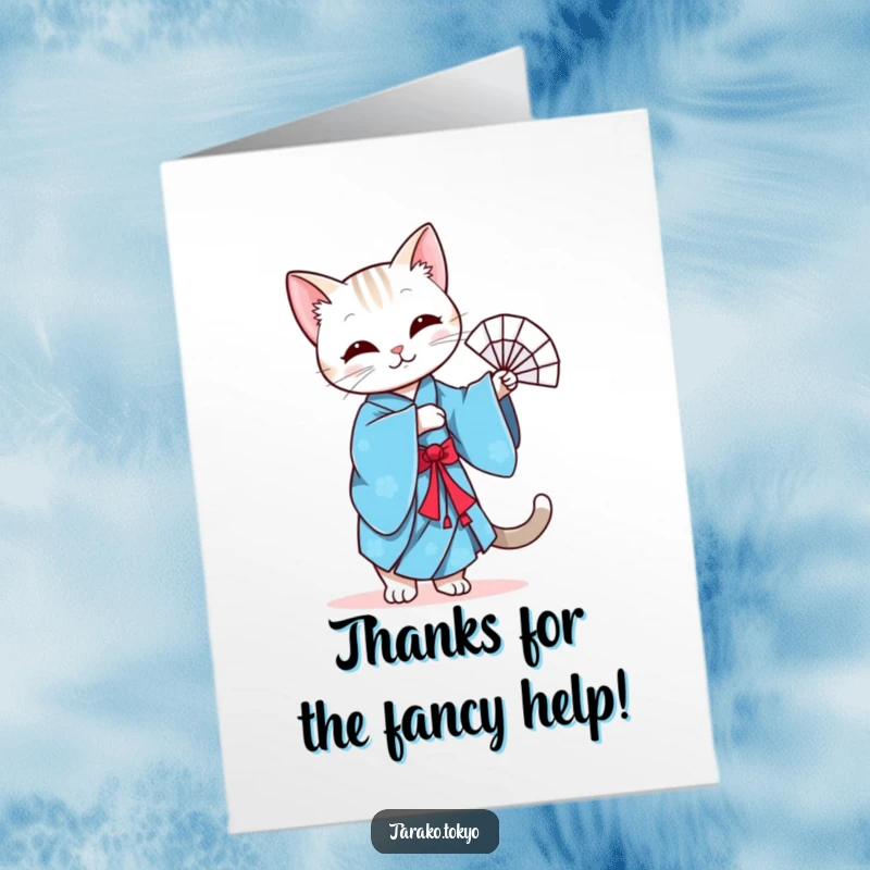 Funny free printable thank you card of a graceful cat in a blue kimono performing a sophisticated fan dance.