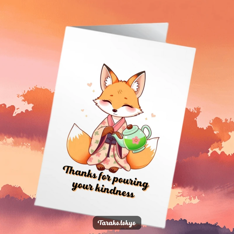 Funny Free Printable Thank You card: A gentle fox in a floral kimono gracefully pours green tea from a teapot.