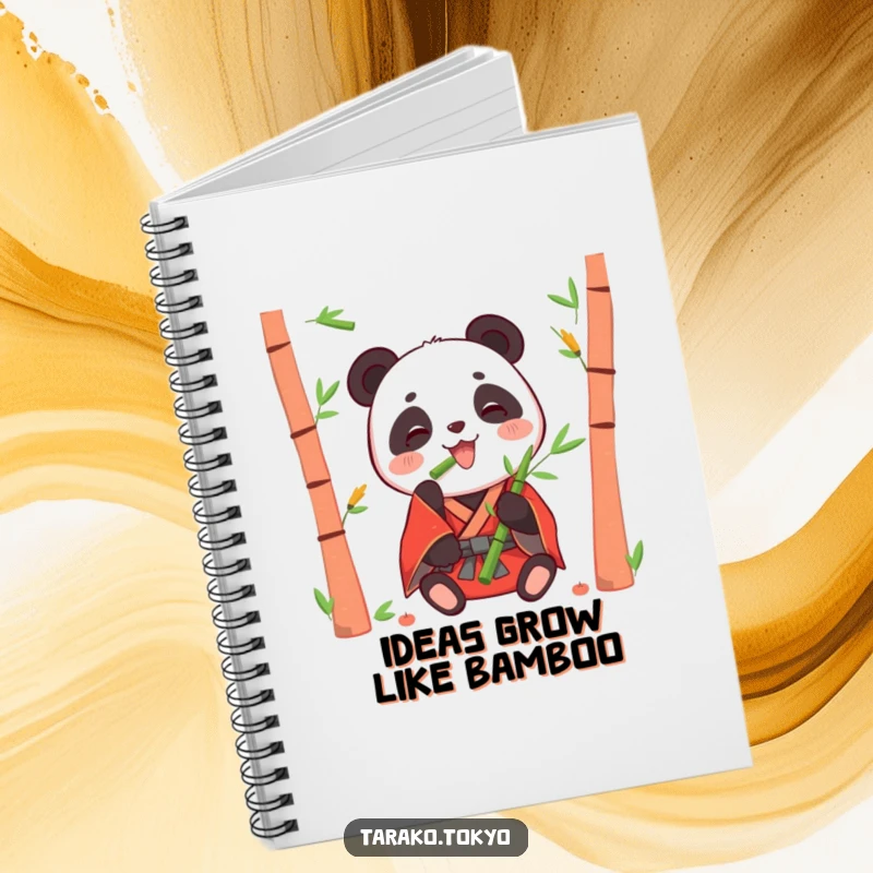 Funny notebook featuring a happy panda in a red kimono eating bamboo shoots, inspiring joyful note-taking and creativity.