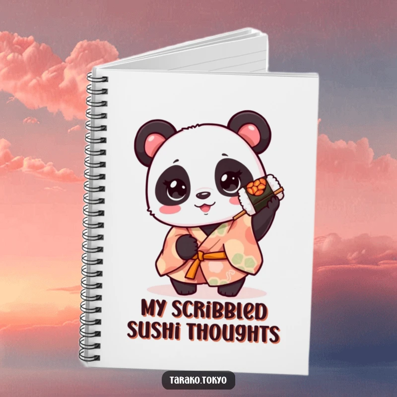 Funny cute panda notebook, wearing a kimono and holding a spinning sushi roll, inspiring creativity and playful thoughts.