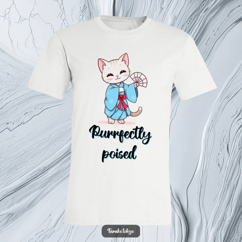 Funny t-shirt depicting a graceful cat in a blue kimono performing a gentle fan dance, exuding elegance and charm.