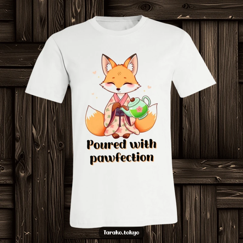 Funny graceful fox t-shirt, in a floral kimono, pouring green tea with poise, showcasing refined charm and witty elegance.