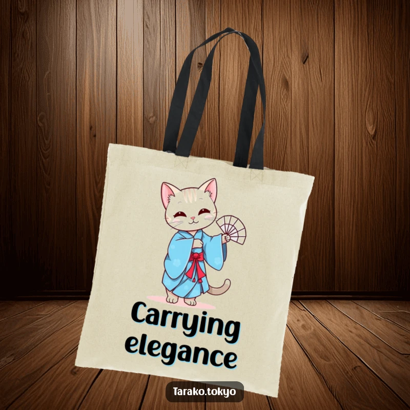 Funny tote bag featuring a graceful cat in a blue kimono performing a fan dance, perfect for carrying items with elegance.