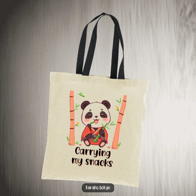 Funny tote bag featuring a happy panda in a red kimono eating bamboo shoots, perfect for carrying items with joy.