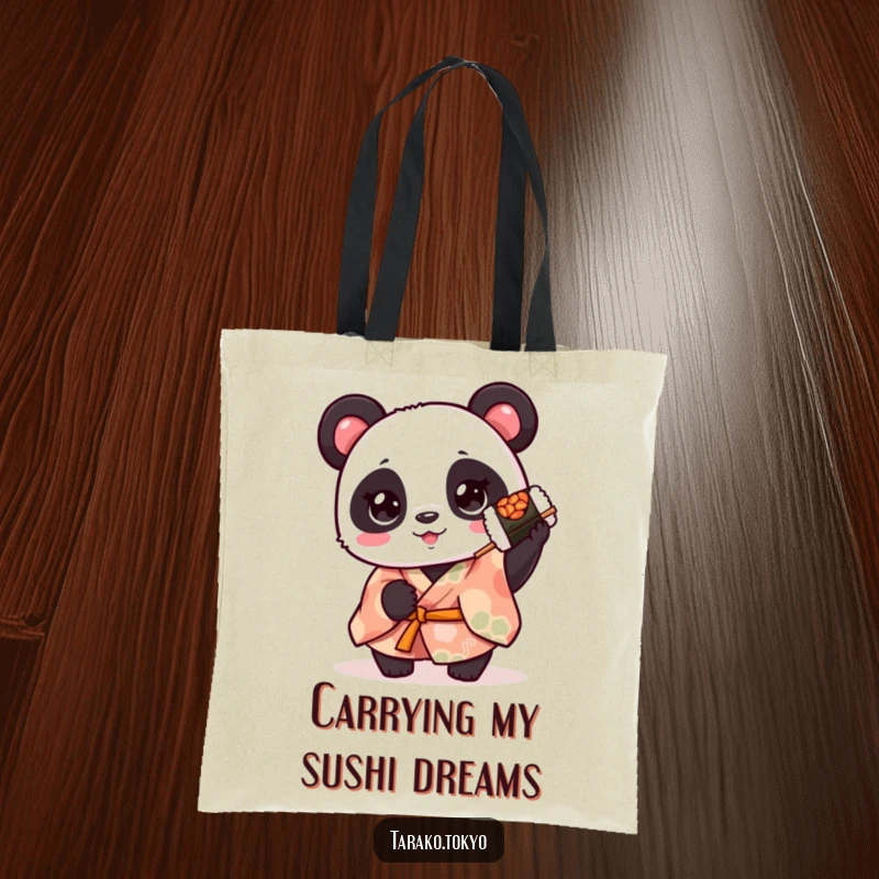 Funny cute panda tote bag, in a colorful kimono, holding a spinning sushi roll, a charming and humorous carry-all.
